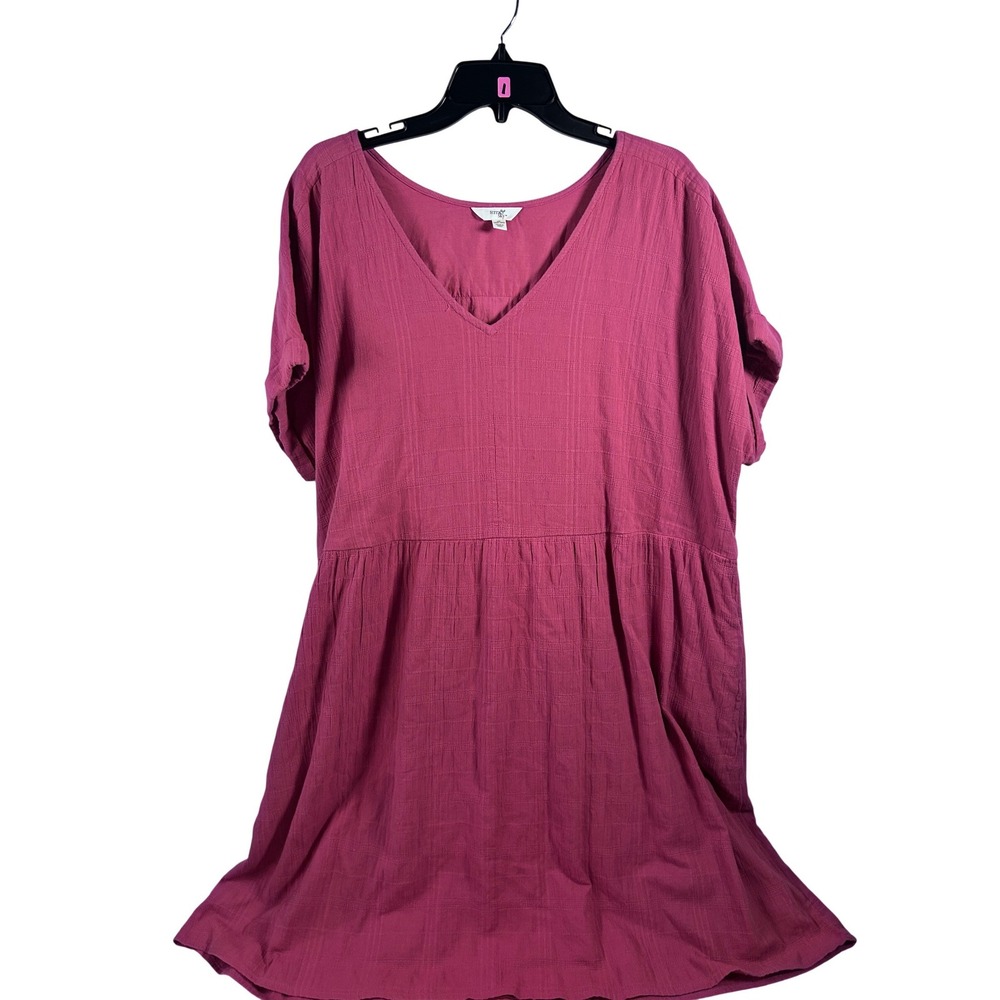 Terra & Sky Babydoll Dress 1X 16W-18W Pink Textured Cotton V-Neck Womens